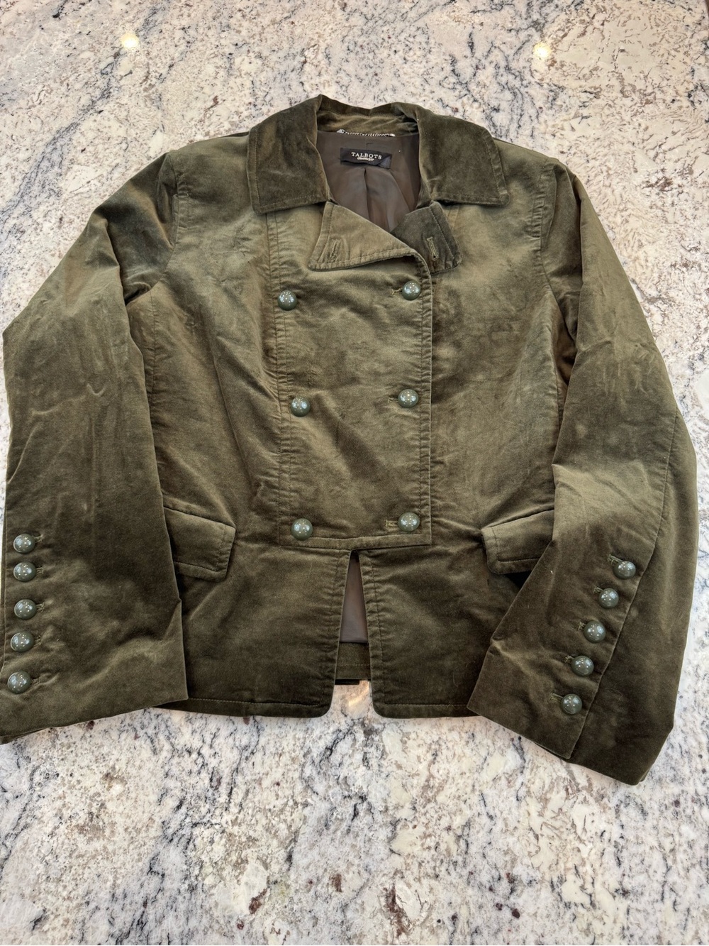 Talbots Olive Green Velvet Double Breasted Blazer Jacket Military Quiet Luxury - Picture 4 of 11